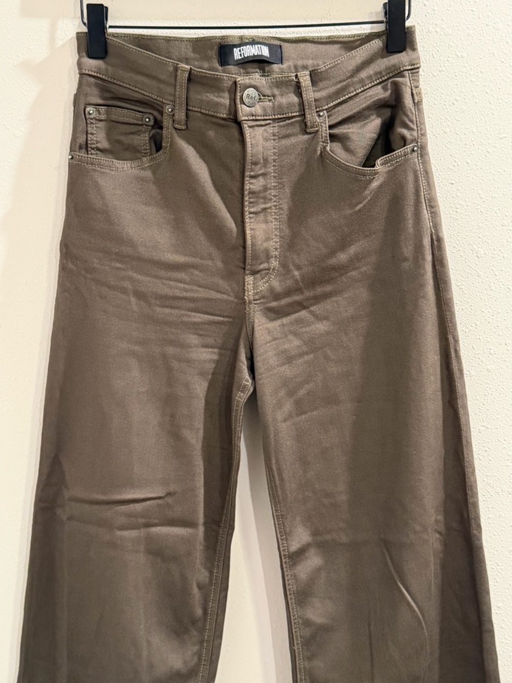 Reformation Size 27 Army Green Stretch Flood Jeans Wide Leg Cropped Raw Hem - Picture 7 of 8